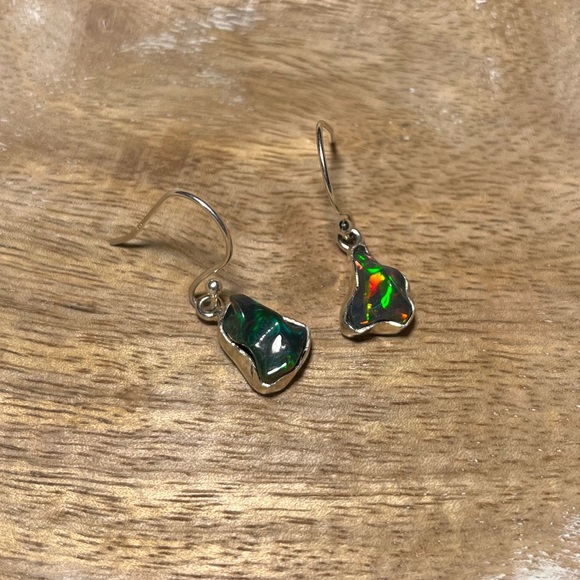 Black Ethiopian Opal Raw Form 925 Sterling Silver Earrings - Picture 3 of 11